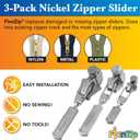 FixNZip Small, Medium, and Large Nickel Zipper Repair Kit Bundle | Universal No-Sew Slider Replacement Kit for Clothes, Jackets, and More | Instant and Reusable Zipper Repair Tool | Sizes 1-10