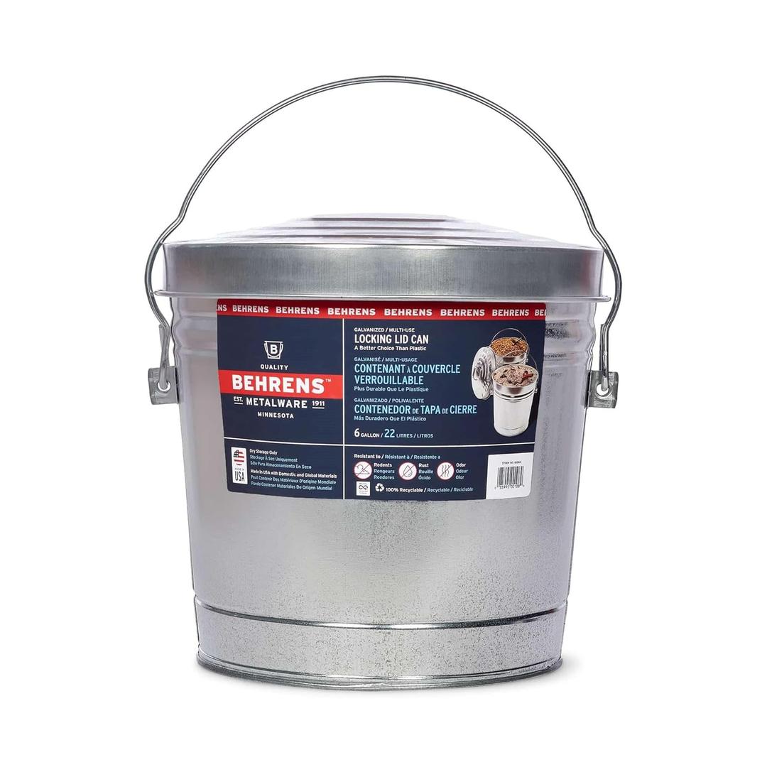 Behrens 6 Gallon Rust Proof Galvanized Steel Locking Lid Dry Storage Recyclable Trash Can for Outdoor and Indoor Storage and Waste Disposal