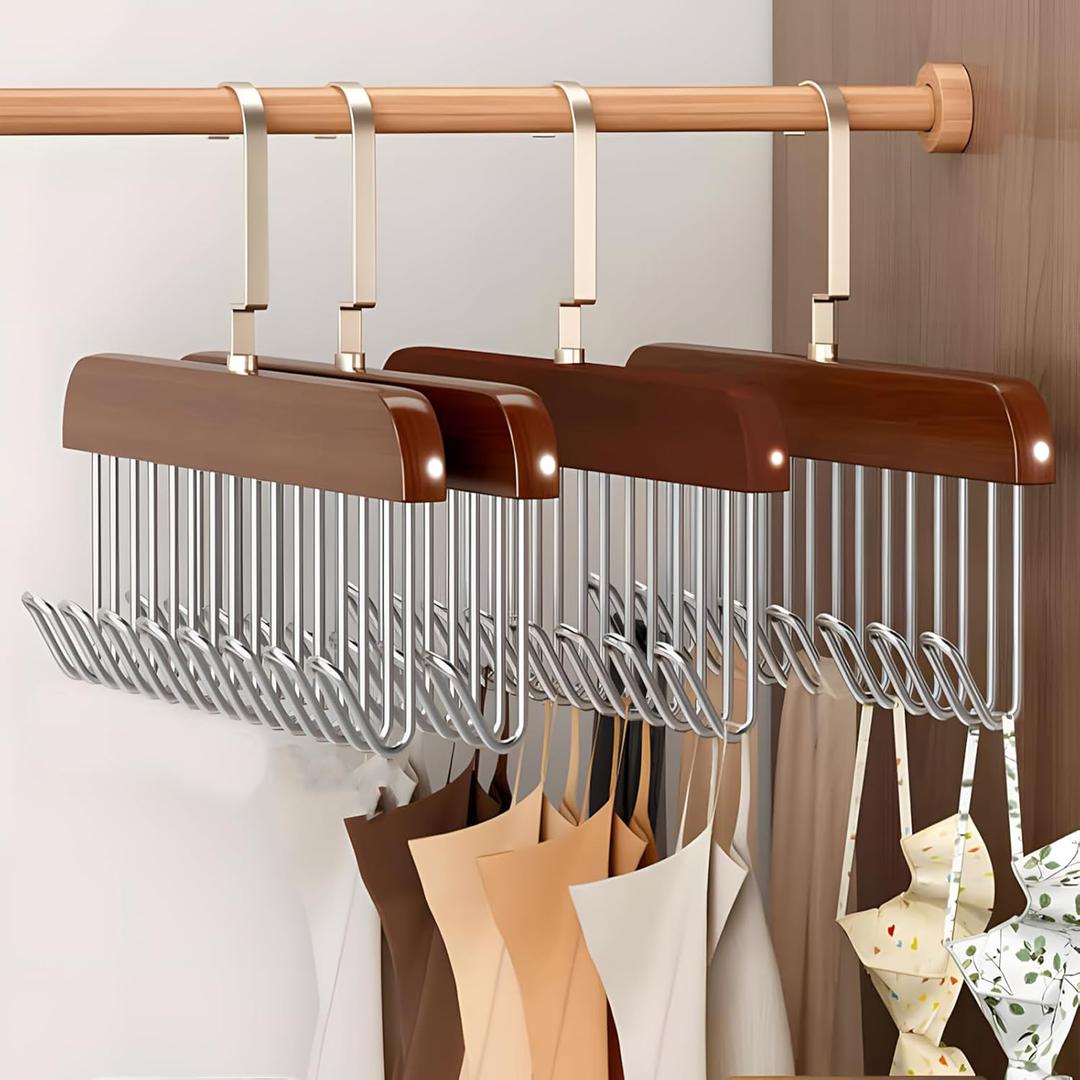 Bra Hanger for Closet, 4 Pack Tank Top Hanger with Hooks,Wood Space Saving Hangers, 360Rotating Closet Organizers and Storage for Dorm & Apartment for Bra Scarf Ties (Brown) and Leggings Hangers, Wooden Closet Hanging Leggings Storage Organizer Scarf Hangers with 24 Clips, 360° Swivel Hook, Black, 2 Pcs