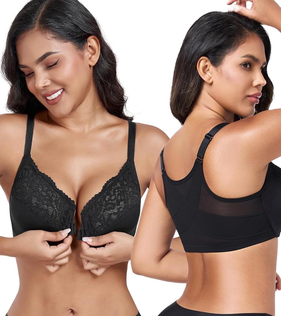 DotVol Women's Plus Size Front Closure Non Padded Underwire Posture Back Everyday Bra (38G, Black)