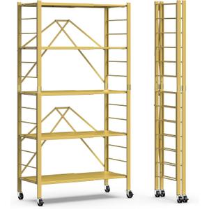 5 Tier Foldable Storage Shelves, Expandable Folding Shelving Units with Wheels, Changeable into 2 Shelf Units, Collapsible Adjustable Storage Rack Metal Shelves for Storage, Pantry, Garage, Gold