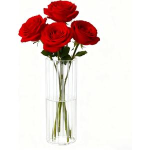 Flower Vase, Non-breakable Vase for Flower, Ribbed Acrylic Vase, 4"W x 8"H Tall Clear Cylinder Vases for Centerpieces, Living Room, Dining Table, Office, Bookshelf Decoration Housewarming Gift