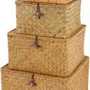 Wicker Shelf Baskets with Lid, Handwoven Seagrass Storage Basket Bins Square Gift Boxes for Shelves Home Decor Organizer (Natural, Set of 4)