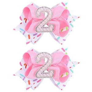 2PCS Hair Bows for Baby Girls Birthday - 2nd Birthday Hair Bow Sweet Theme with Ice Cream Party, Pink Hair Accessories for Baby Toddler 1 2 3 4 5 6 Years, Outfit & Decorations