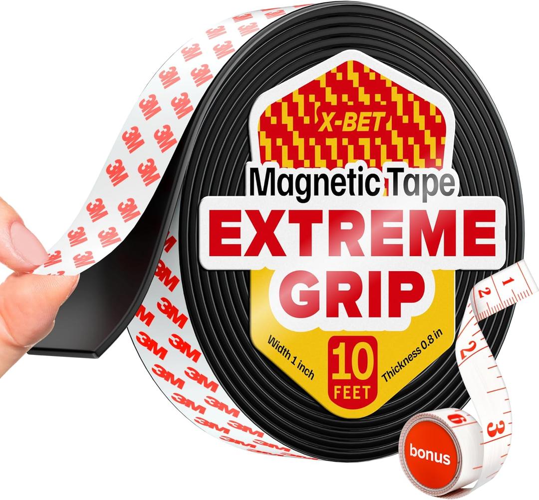 Super Sticky Magnetic Tape (10 feet x 1 inch) - Stong Magnet Strip with Adhesive Backing for DIY & Crafts - Easy to Cut and Mount on Fridges, Whiteboards & More