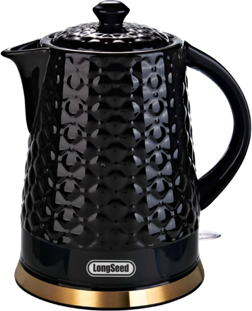 Ceramic Electric Kettle, 1.5L/1200W Boil Water Quickly and Easily with Boil-Dry Protection Auto Shut Off, Detachable Swivel Base, Black Relief Carving