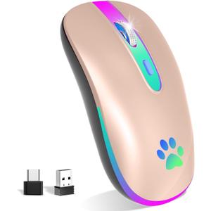 FUWANG Wireless Mouse, Rechargeable LED Wireless Bluetooth Mouse, Portable USB Optical 2.4G Bluetooth Two Mode Computer Mice with USB & Type-c Receiver for Laptop//Tablet/Computer/PC, Sakura Pink