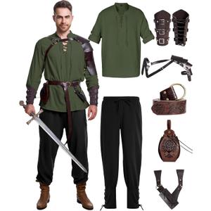 8 Pcs Men's Renaissance Costume Halloween Medieval Pirate Shirt Pant Viking Costume Accessories Set (Brown, L)