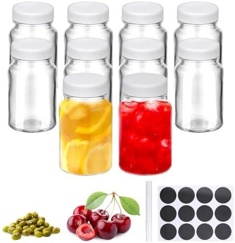 TranRantic 8 Pcs Glass Shot Bottles with Caps, 2 oz Reusable Mini Juice Ginger Shot Bottles, Wide Mouth Small Glass Jars with Lids, Small Bottle with Labels for Oils, Sauce (White Lid)