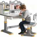 Kids Study Desk and Chair Set 3-12 - Height Adjustable Children Study Table | Ergonomic Chair | Widened Desktop | School Study Writing Art Desk with Bookstand and Storage Drawer for Boy & Girl (Grey)