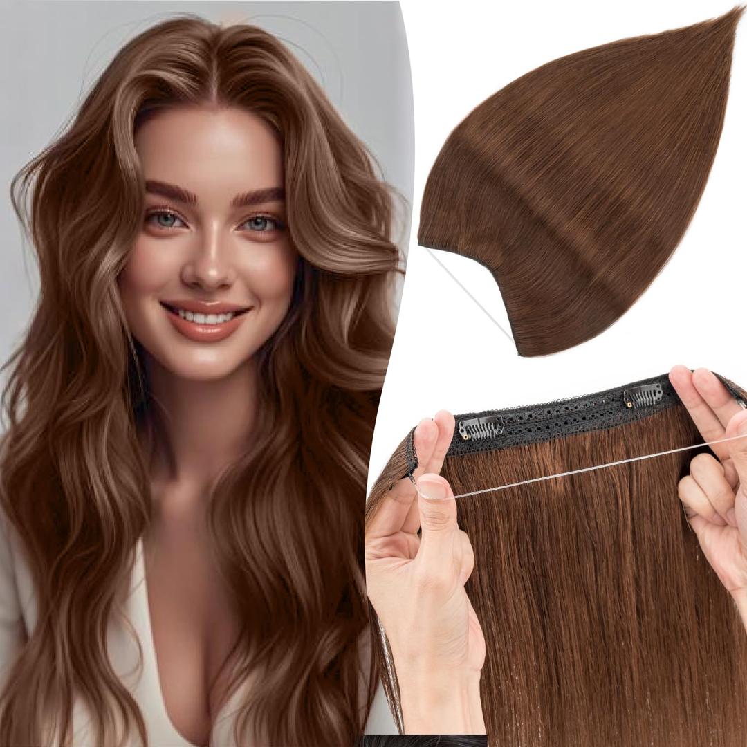Halo Hair Extensions Straight, 100% Real Human Hair,No Tangle & Smooth,Invisible Wire Extensions for Women,55g,12 Inch, #04 Medium Brown