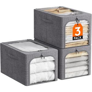 Lifewit Clothes Storage Bins with Metal Frame 3 Pack, Fabric Stackable Storage Bags with Lids, Zipper, Foldable Closet Organizers Containers for Clothing, Blanket, Winter Cloth, 40L
