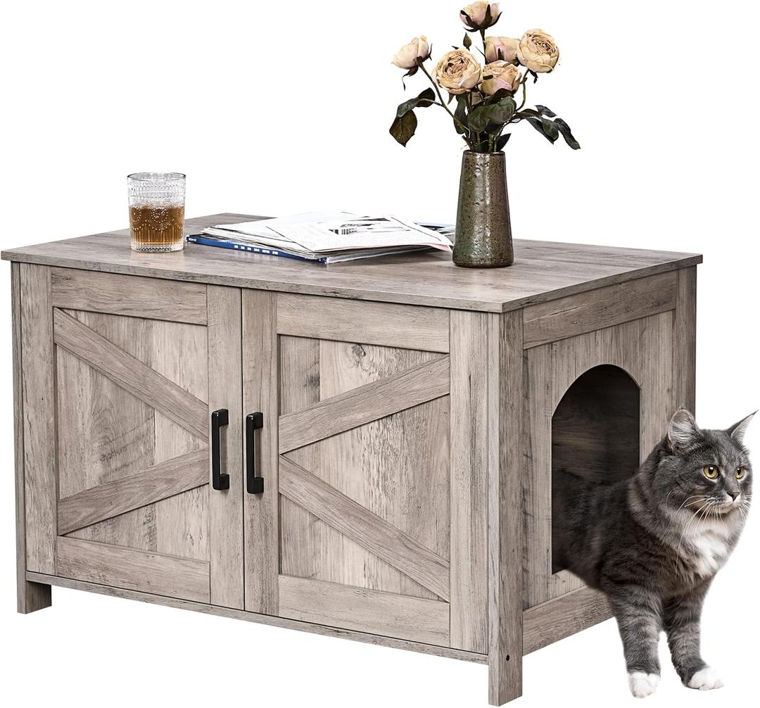 Homhedy Cat Litter Box Enclosure, Wooden Cat Washroom Furniture with Barn Door, Pet House, Fit Most of Litter Box, Greige (31.5L x 19.7W x 19.7H)
