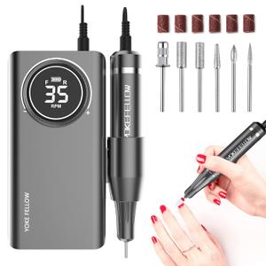 YOKE FELLOW Nail Drill Machine - 35000RPM Electric Nail File Nail Drills for Acrylic Nails Professional with 6 Drill Bits for Manicure Pedicure Home DIY Salon Use (Grey)