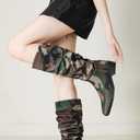 YIYA Women's Camouflage Slouchy Knee High Boots Square Toe Chunky Flat Heel Riding Combat Tall Pull On Boots (4, Brown)