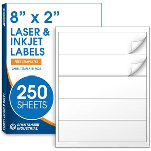 8" X 2" Matte White Printable Water Bottle Labels (250 Sheets, 1250 Stickers) NOT Waterproof Bottle Wrap Around Stickers for Laser & Inkjet Printers - Spartan Industrial Template R024