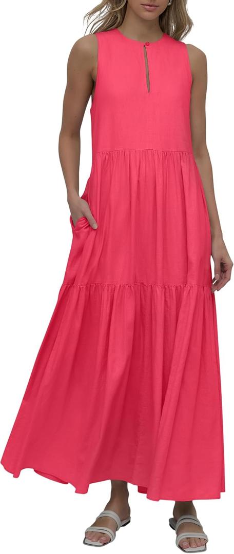 DKNY Women's Linen Tiered Sleeveless Maxi Dress, Coral Crush, Large