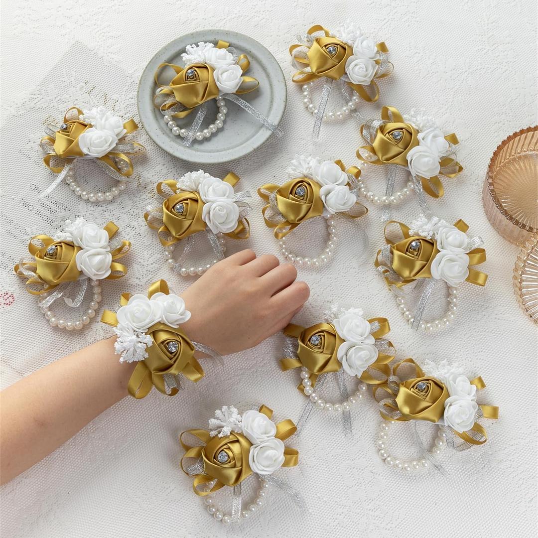 12Pcs/lot Women Bride Bridal Bridesmaid Wrist Corsage Silk Rose Pearls Girls Wedding Hand Flowers Party Decoration (Gold 2)