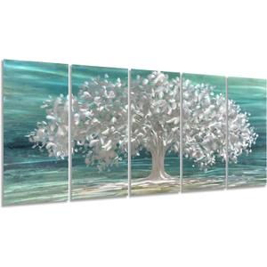 Yihui Arts Tree Of Life Metal Wall Art Handcrafted Aluminum Artwork Teal and Silver Abstract Nature Pictures in 5 Pieces for Living Room Bedroom Bathroom Decor (32x64IN)