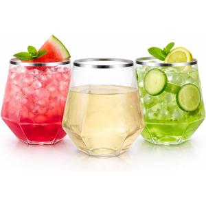 Oojami 40 Pack 12 oz Diamond Stemless Plastic Wine Glasses, Silver Rim Disposable Cups, Shatterproof BPA-Free Recyclable Drinkware for Wedding, Birthday Party, Cocktail