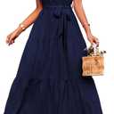 PRETTYGARDEN Women's Summer Floral Maxi Sun Dress Sleeveless Halter Neck Flowy Ruffle Hem Long Boho Dresses with Belt (Blue, M)