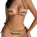 Women's Boho Geo Print Cute Bathing Suit High Waisted Halter Tie Back Swimsuit Bikini Set M
