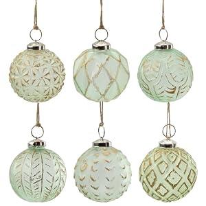 AuldHome Design Farmhouse Ball Ornaments (Set of 6, Soda Glass); Distressed Metal Glass Ball Vintage Style Christmas Decorations