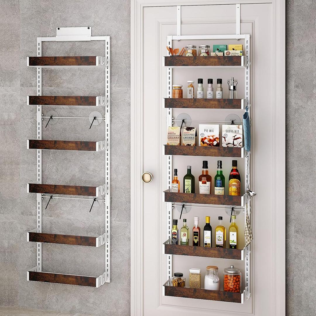 bukfen Over the Door Pantry Organizer, 6-Tier Adjustable Wooden Basket Kitchen Pantry Door Organization and Storage, Heavy-Duty Metal Hanging Kitchen Spice Rack,D6.3 x W17.71 x H50.60 inch,White | Adjustable, Heavy-Duty, Kitchen Spice Rack