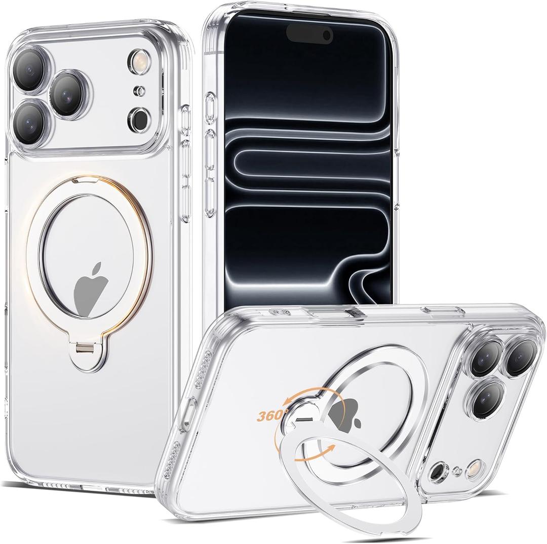 Compatible with iPhone 17 Pro Max Case with 360 Spin Magnetic Ring Stand [Compatible with Mag-Safe] Full Camera Lens Protector Plating Clear Phone Case for iPhone 17 Pro Max 6.9", Clear