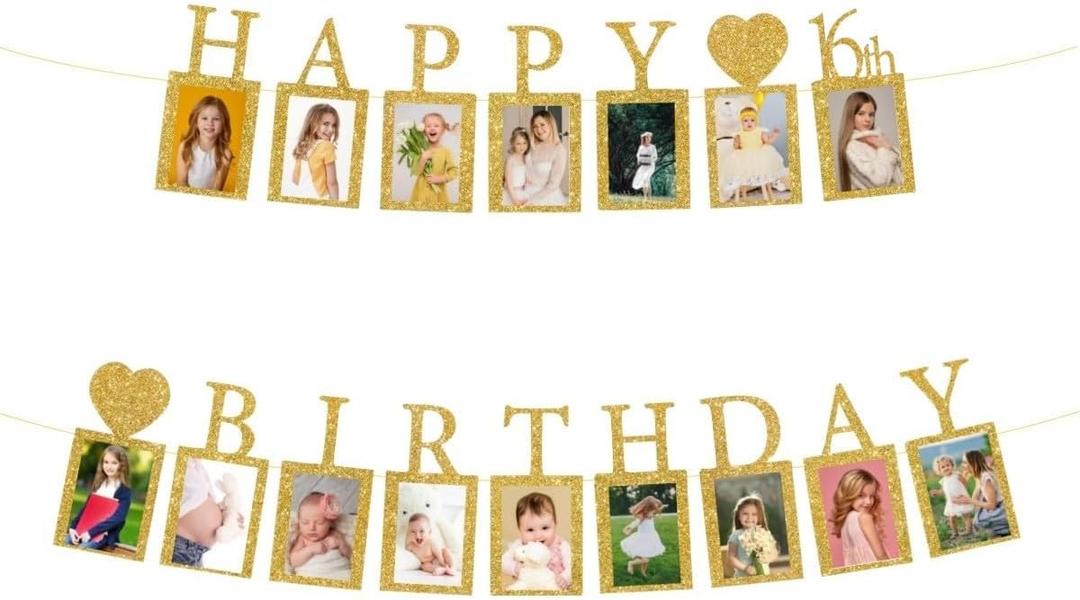Happy 16th Birthday Photo Banner 16 Year Old Party Decorations, Sixteen Birthday Picture Frame Banner 16th Photo Frame Party Supplies Bunting Decor