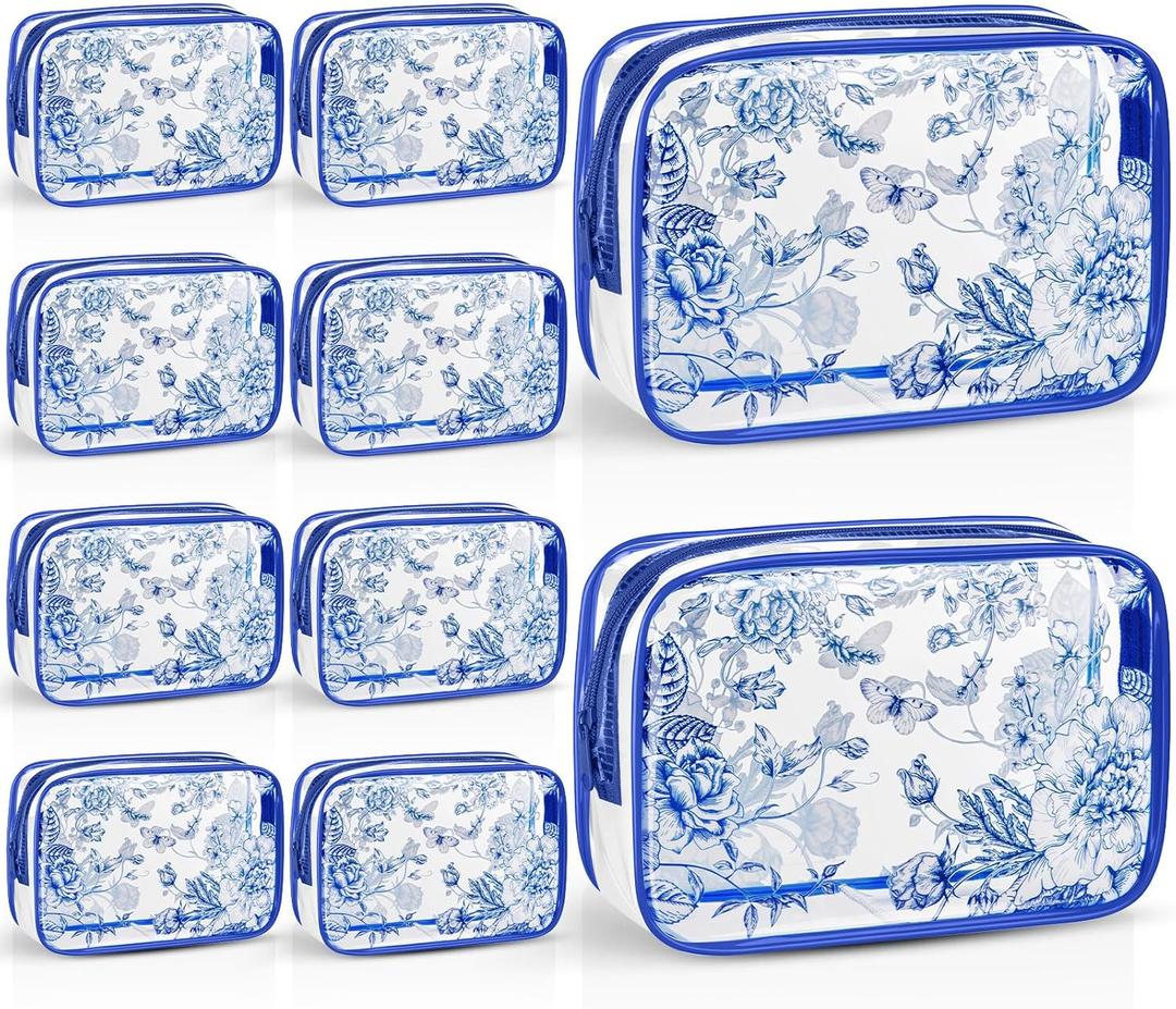 Set of 10 Clear Floral Cosmetic Bags PVC Makeup Bags Waterproof Travel Organizer Toiletry Pouches for Wedding Birthday Baby Shower Party Ideal Gift for Women Nurse Bridesmaid(Blue)