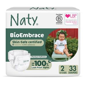 Naty BioEmbrace Baby Newborn Diapers | Sensitive Skin Safe Certified | Leak Protection up to 100% | Plant-Based Teddy Softness, Premium Comfort | Chlorine-Free | Size 2 (613 lbs), 33 Count
