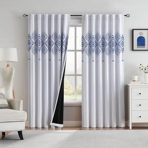 100% Blackout Bohemian Curtains 84 Inch Long for Bedroom, Blue Aztec Pattern Curtains for Living Room Darkening, Thermal Insulated Window Drapes, Curtains