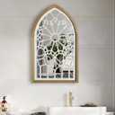 Rustic Wood Frame Wall Art, Distressed White Floral Carved Design, Vintage Arched Windowpane Style Farmhouse Decor with Acrylic Reflective Surface for Living Room Bedroom Bathroom, 13.4x22 Inch