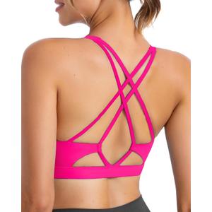 Sports Bras for Women, Medium-High Support Strappy Padded Running Sports Bras with Removable Cups (1-hot Pink) M