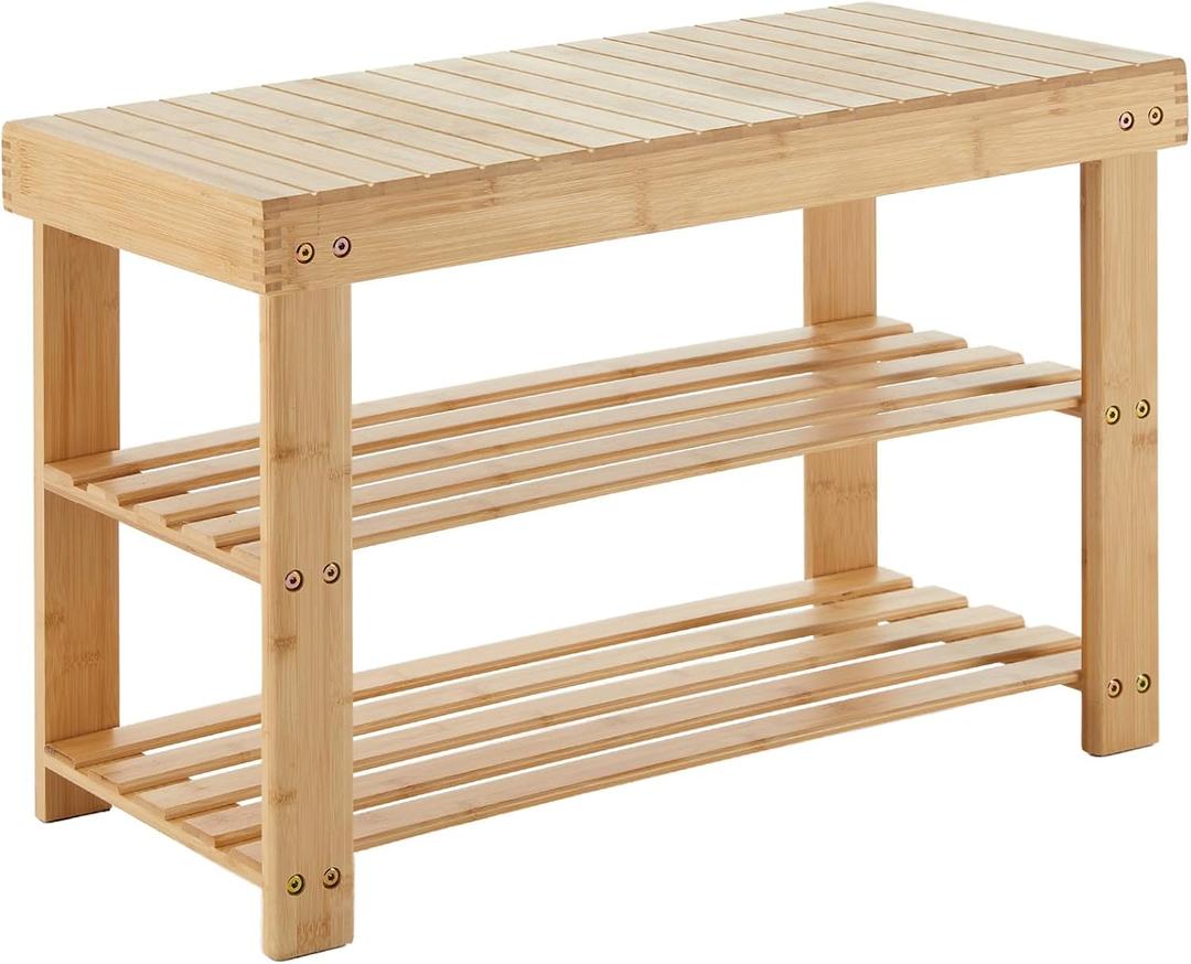 DUMOS Shoe Rack Bench with Storage, 3-Tier Bamboo Entryway Benches, Wooden Shoe Rack Holds Up to 286 lb Storage Organizer, Suitable for Bedroom Living Room Balcony, Classical Wood, 27 inches