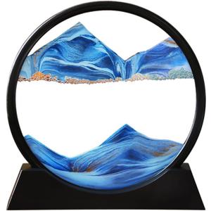 Arthink Moving Sand Art Picture - Liqud Motion Round Glass 3D Deep Sea Landscape,Dynamic Sand Art Sandscapes, Sensory Relaxing Desktop Home Office Decor Gift(7 inch, Blue)