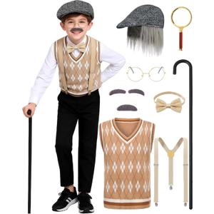 Old Man Costume for Kids Boys 100 Days of School Costume Dress Up Grandpa Costume Outfits for Halloween (5-7 Years, Brown)