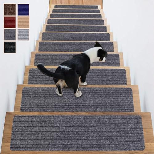 ANTDLE Stair Treads Non-Slip 8 Pack 8"x30" - Carpet Stair Runner for Indoor Wooden Steps with TPE Backing & Anti-Skid Surface, Reusable Adhesive Safety Rug for Kids/Elder/Pet-Friendly - Grey