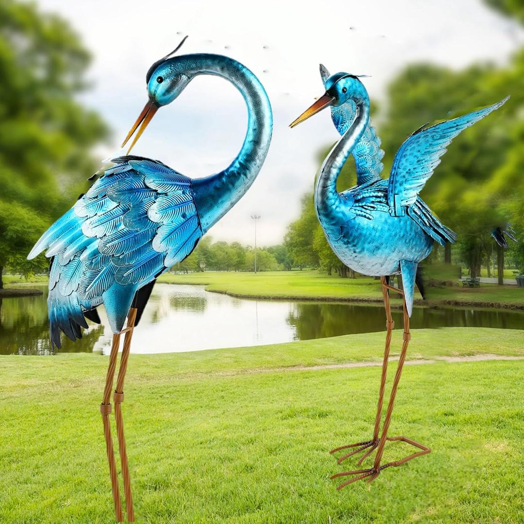 Garden Crane Statues for Outdoor Blue Heron Metal Birds Yard Art Ornaments for Backyard Pond Patio Porch Outside Decorations