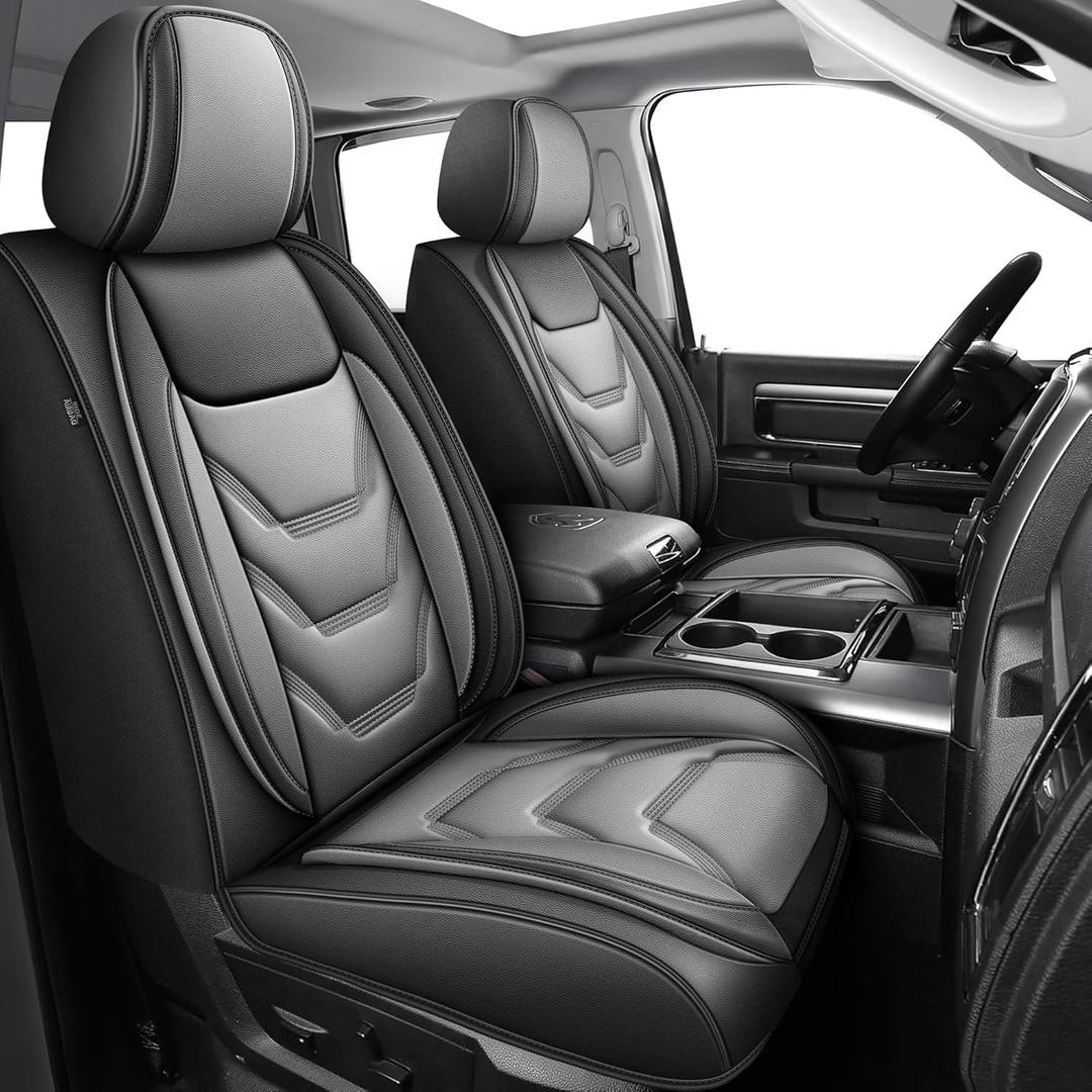 Truck Seat Covers Full Set Custom Fit for 2002-2025 2026 Dodge RAM 1500/2500/3500 Crew Quad Regular Cab Durable Waterproof Leather Seat Protectors (Black & Grey, Flat Bench)