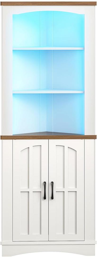 HOOBRO Corner Cabinet with LED Lights, 67" Tall Farmhouse Corner Storage Cabinet with Doors and Storage Shelves, 5-Tier Corner Bathroom Cabinet, for Living Room, Kitchen, White and Walnut WH74DCJ01, 15.3"L x 15.3"W x 67.3"H