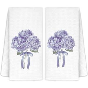 CIOJUNE Coquette Purple Hydrangea Floral Hand Towels for Bathroom Spa Gym, Preppy Aesthetic Floral Kitchen Towels, Rustic Hydrangea Flower Dish Tea Towels for Kitchen Decor, 16x24 Inch Set of 2