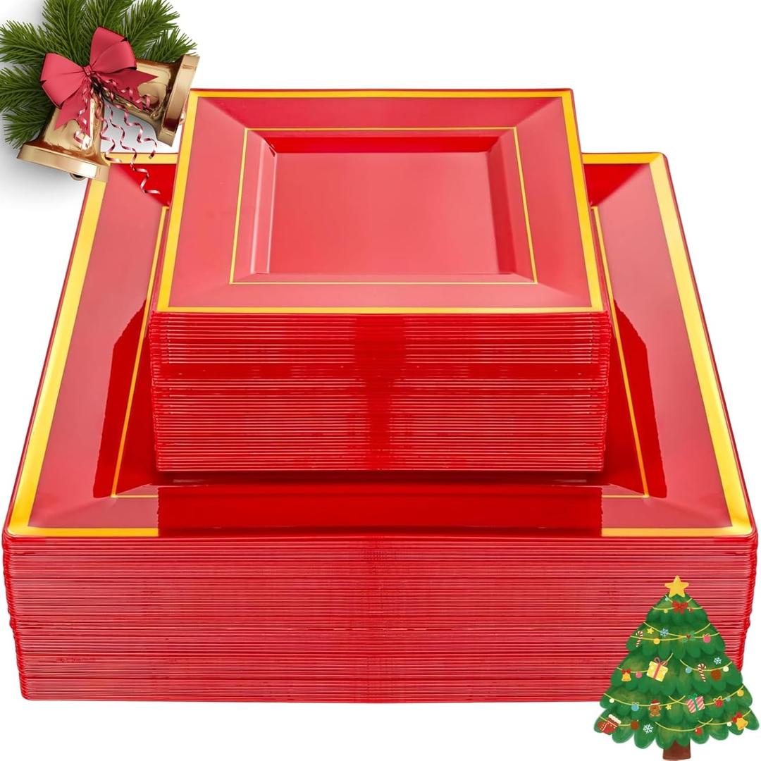Liacere 100PCS Red and Gold Square Plastic Plates-50PCS Heavy Duty 9.5inch Disposable Dinner Plates and 50PCS 6inch Red Dessert Plate - Gold Plastic Plate for Party&Wedding&Christmas