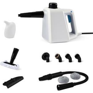 Amazon Basics Handheld Steam Cleaner for Home with 9 Accessories, Powerful 1000W Steam Shot, 8.5oz Tank, 12ft Cord, White