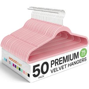 HOUSE DAY Premium Velvet Hangers 50 Pack Pink, Non-Slip Flocked Felt Hangers, Sturdy Clothes Hanger Heavy Duty Coat Hanger, Durable Slim for Closet Space Saving