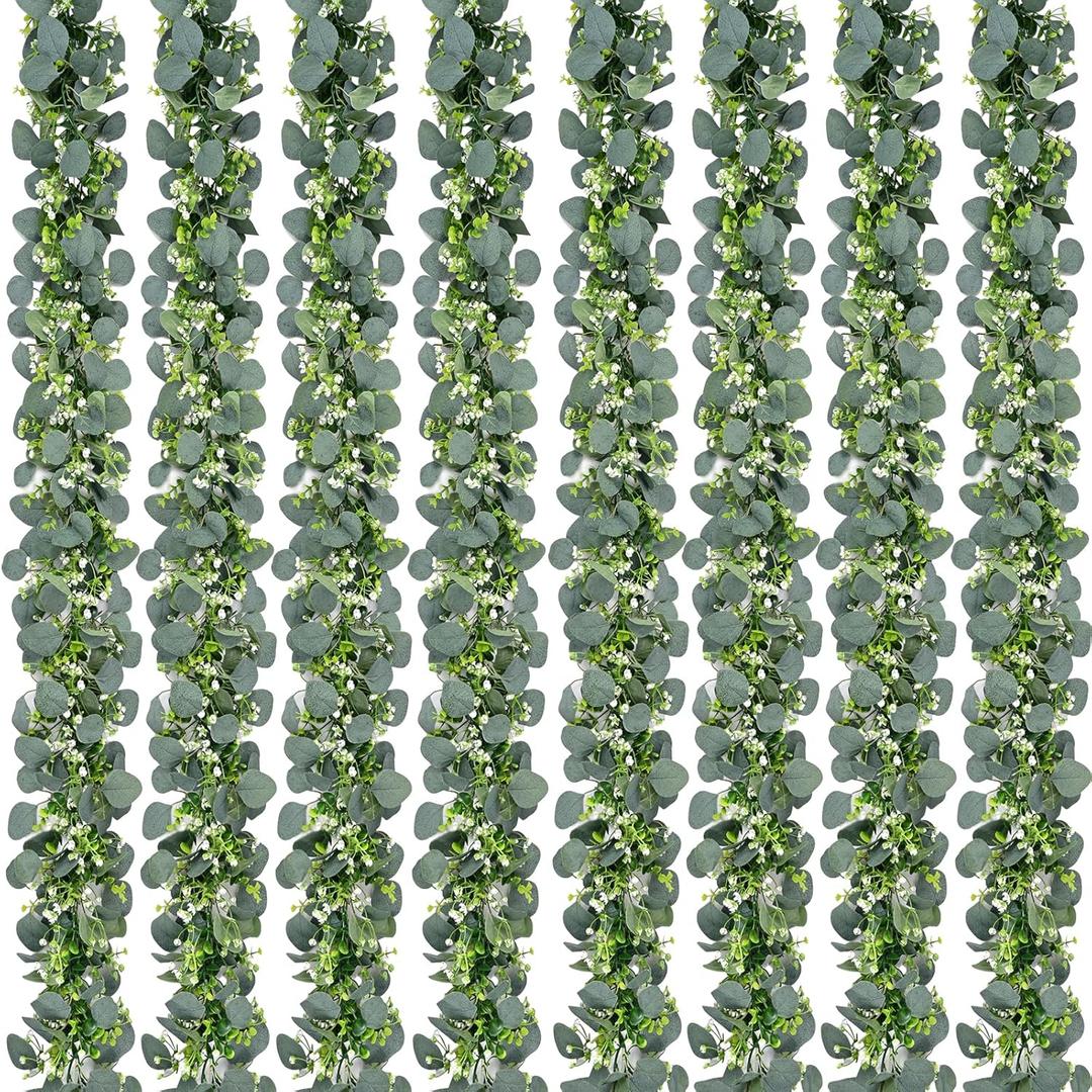 Waipfaru 8Pcs Eucalyptus Garland, 5.9FT Greenery Garland, Green Garland with Flowers, Artificial Faux Silver Dollar Eucalyptus Leaves Vines for Table Home Wedding Mantle Party Indoor Outdoor Decor