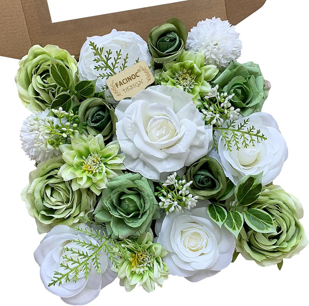 Rose Artificial Flowers White Fake Flower Bulk for DIY Wedding Bouquet Bridal Baby Shower Decorations Party Table Centerpieces Cake Decorating Silk Floral Arrangement Home Decor Indoor Green
