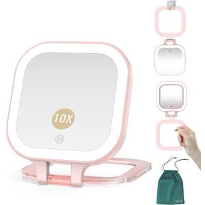 Mocado Compact Travel Makeup Mirror, 1X/10X Magnifying Mirror with Light, Double Sides Compact Mirror with 3 Color Light, Dimmable Handheld Mirror, Rechargeable Travel for Purse,Pocket(Pink)