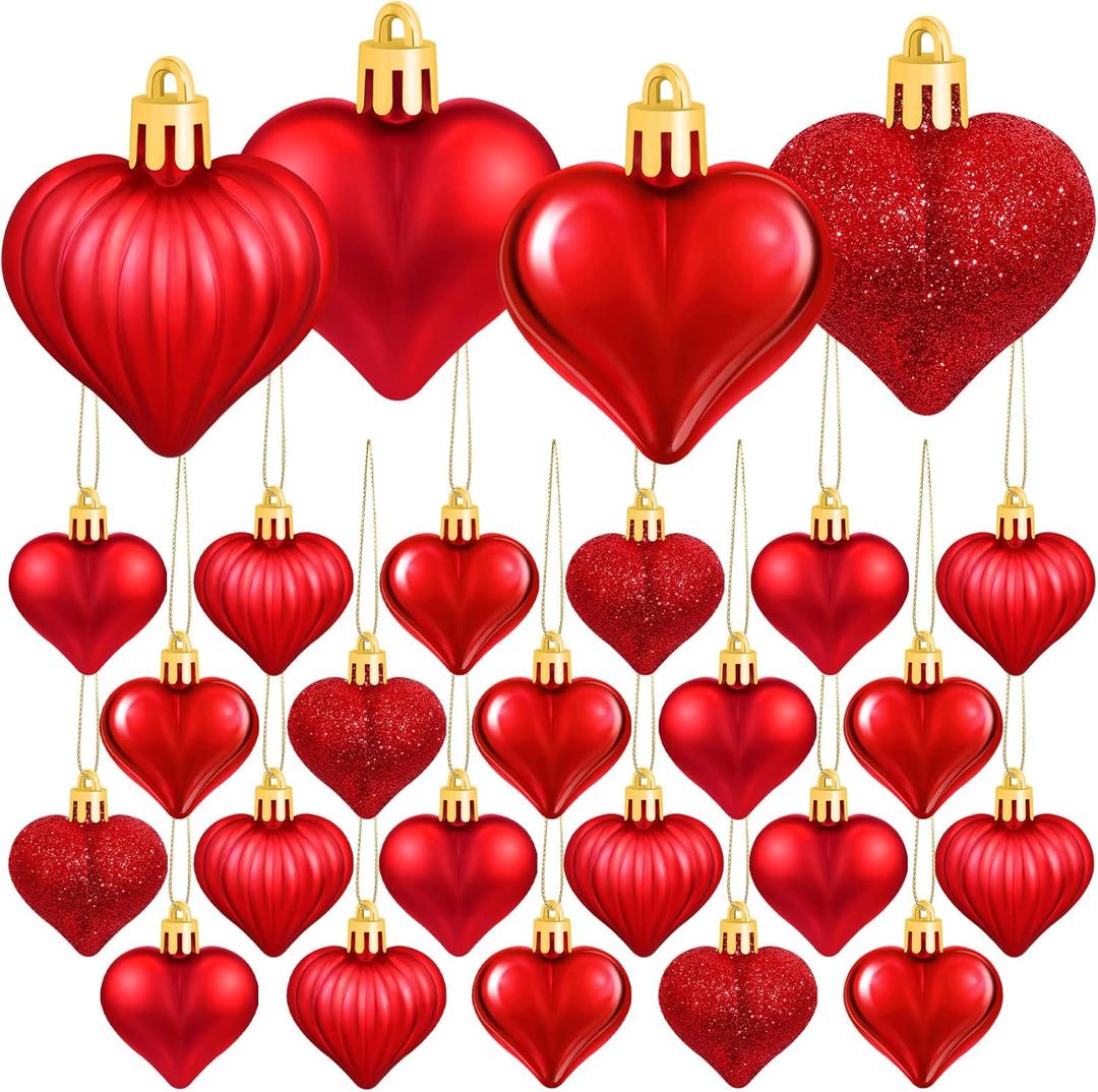 Elcoho 48 Pieces Valentine's Day Heart Shaped Baubles Hanging Heart Ornaments Valentines Tree Decorations for Valentines Day Ornaments Party Wedding Anniversary Decor, Red
